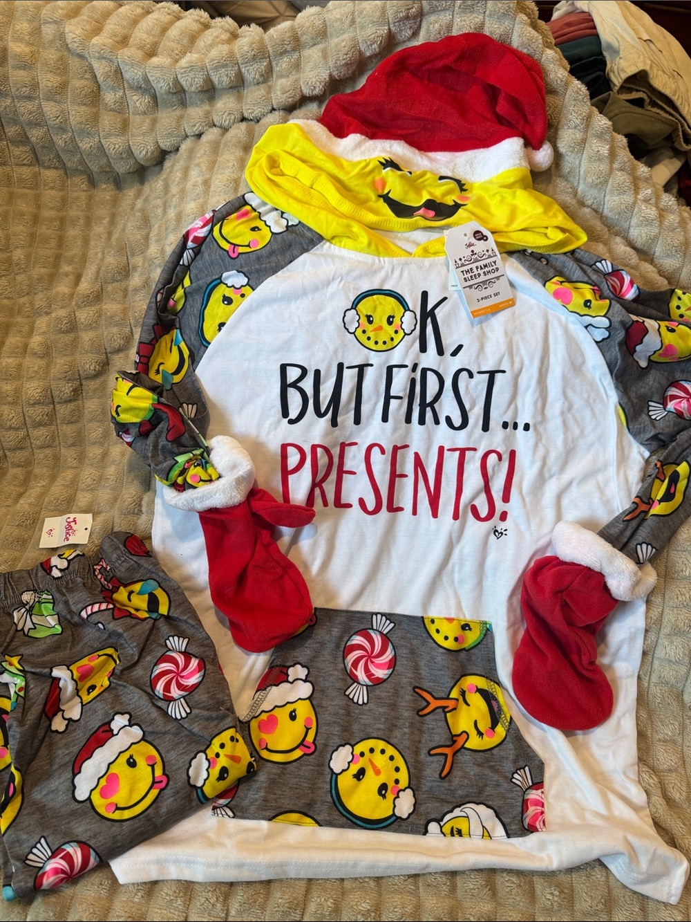 Justice Holiday 'Ok, But First... Presents!' Pajama Set - Yellow, Red, Gray